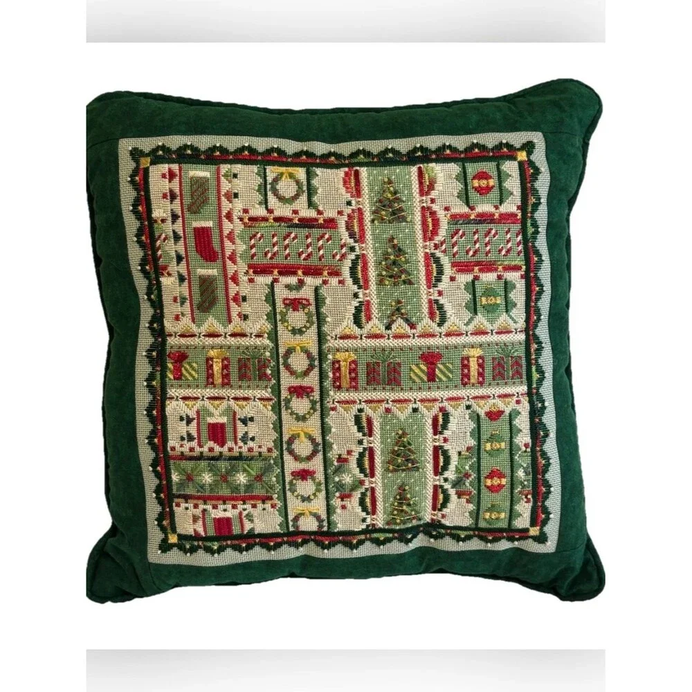 Hand Sewn Needlepoint Christmas Pillow 15” Holiday Ribbons By Laura J Perin EUC